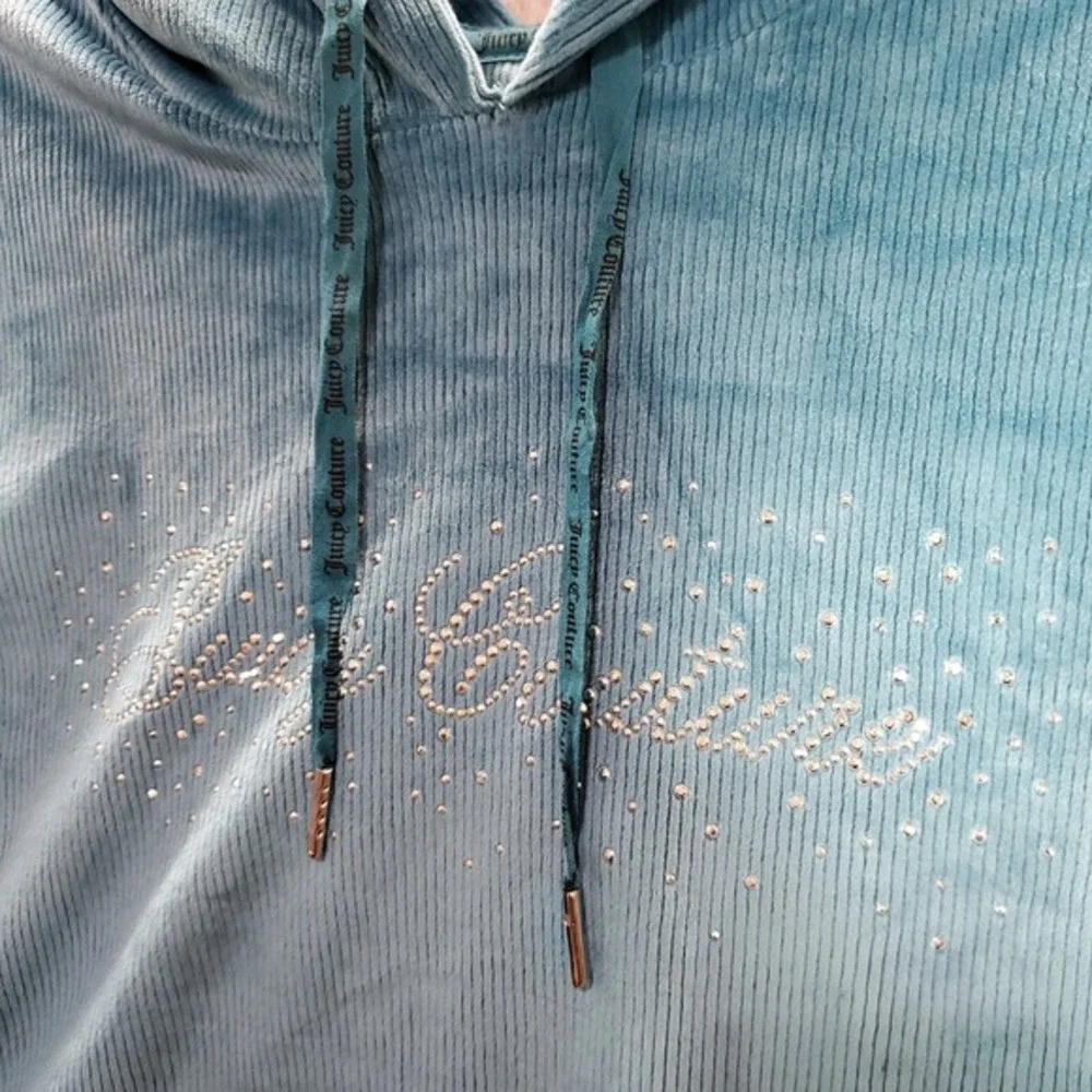 Juicy Couture Women Sweatshirt Medium Blue Crop‎ Hoodie Y2K Rhinestone Corduroy
